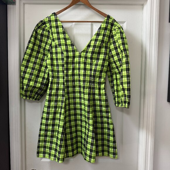 CIDER Women's Black/Lime Neon Plaid V-Neck Half Sleeve Mini Dress Size Large NWT - Picture 1 of 10